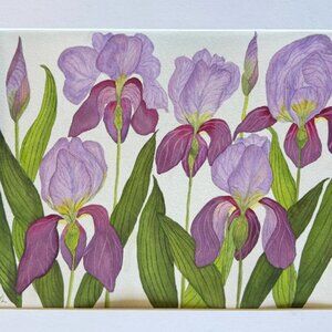 PAINTING WATERCOLOR ORIGINAL ART IRIS FLOWERS LAVENDER PURPLE 11X14 MAT 16X20